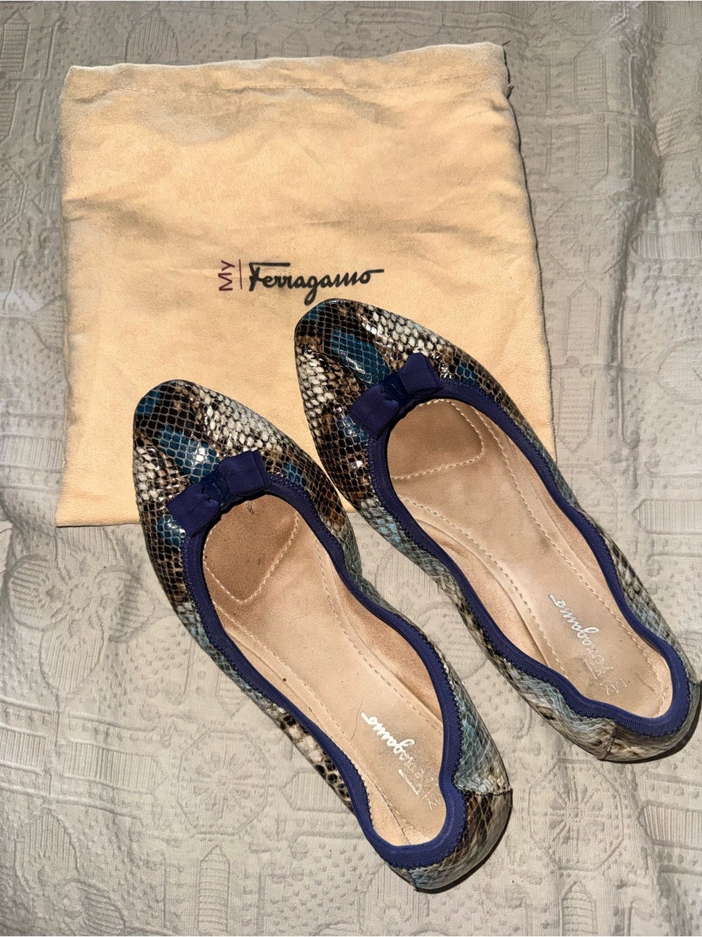 Salvatore Ferragamo Blue Trim Snake-Print Vara Bow Flats